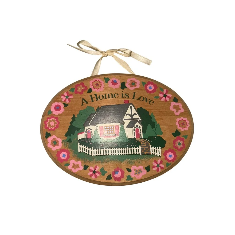 Vintage Cozy A Home is Love Wood Wall Plaque Cottage Floral Oval Sign Decor